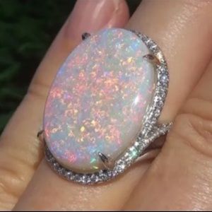 Majestic Silver Fire Opal Sparkling Diamond Ring